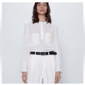 Zara Ivory Crepe and Mixed Media Blouse
